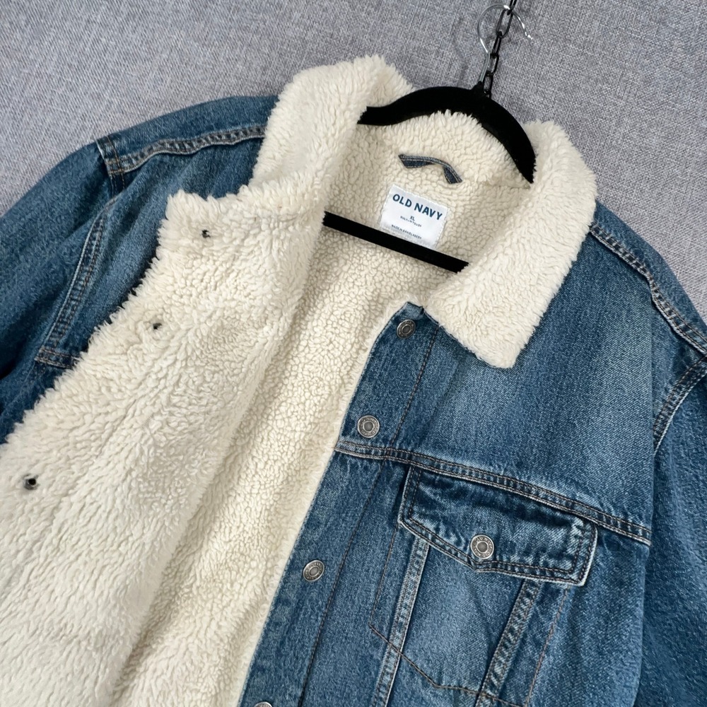 Old Navy Denim Jacket Men XL Slim Sherpa Lined Trucker Built-In Tough Distressed